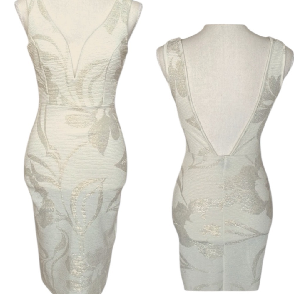 Windsor Cream Silver Gold Jacquard Dress Deep Plunge Backless Boned Bodice Sz S
